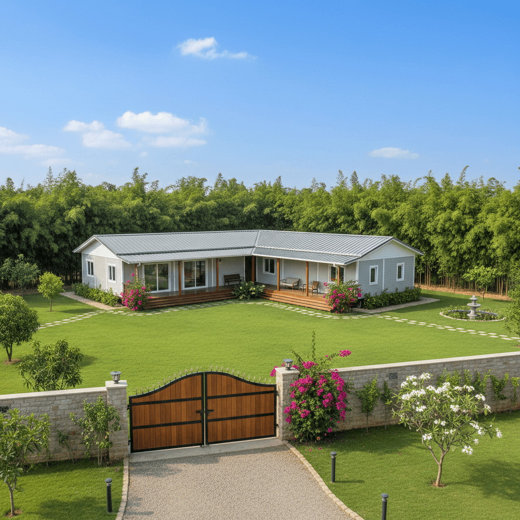 Modern farmhouse with garden and family