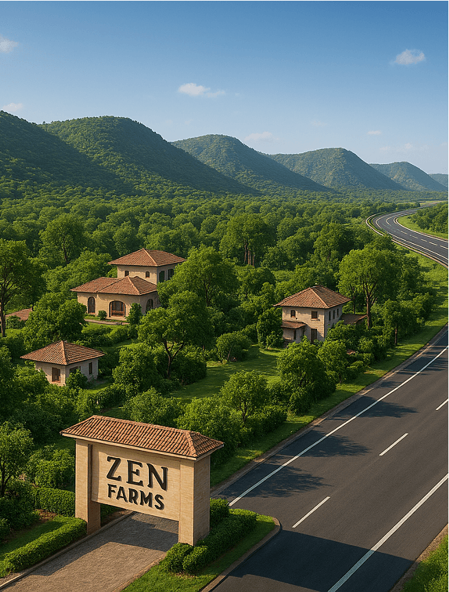 Zen Farms entrance with mountain backdrop